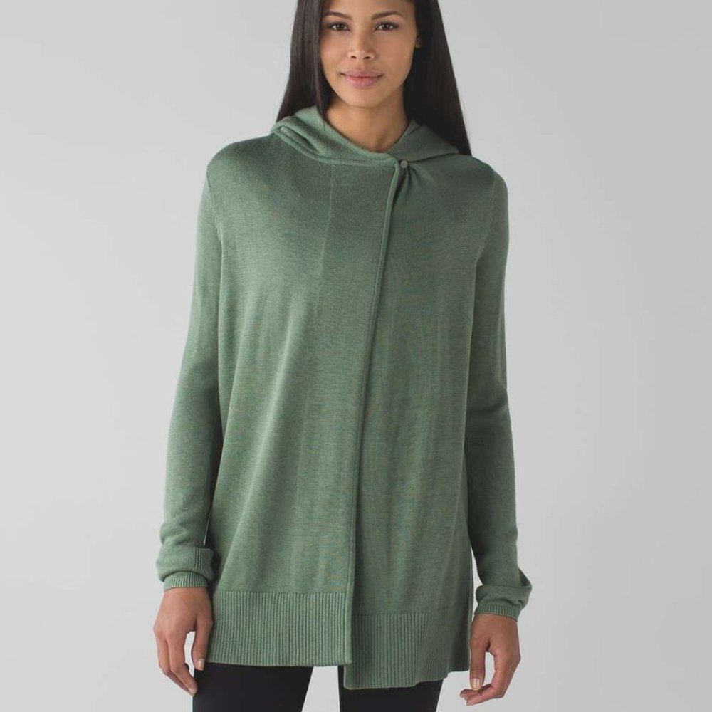 NEW Lululemon Green Peace of Mind Cashmere blend Hooded Open Front Sweater Wrap